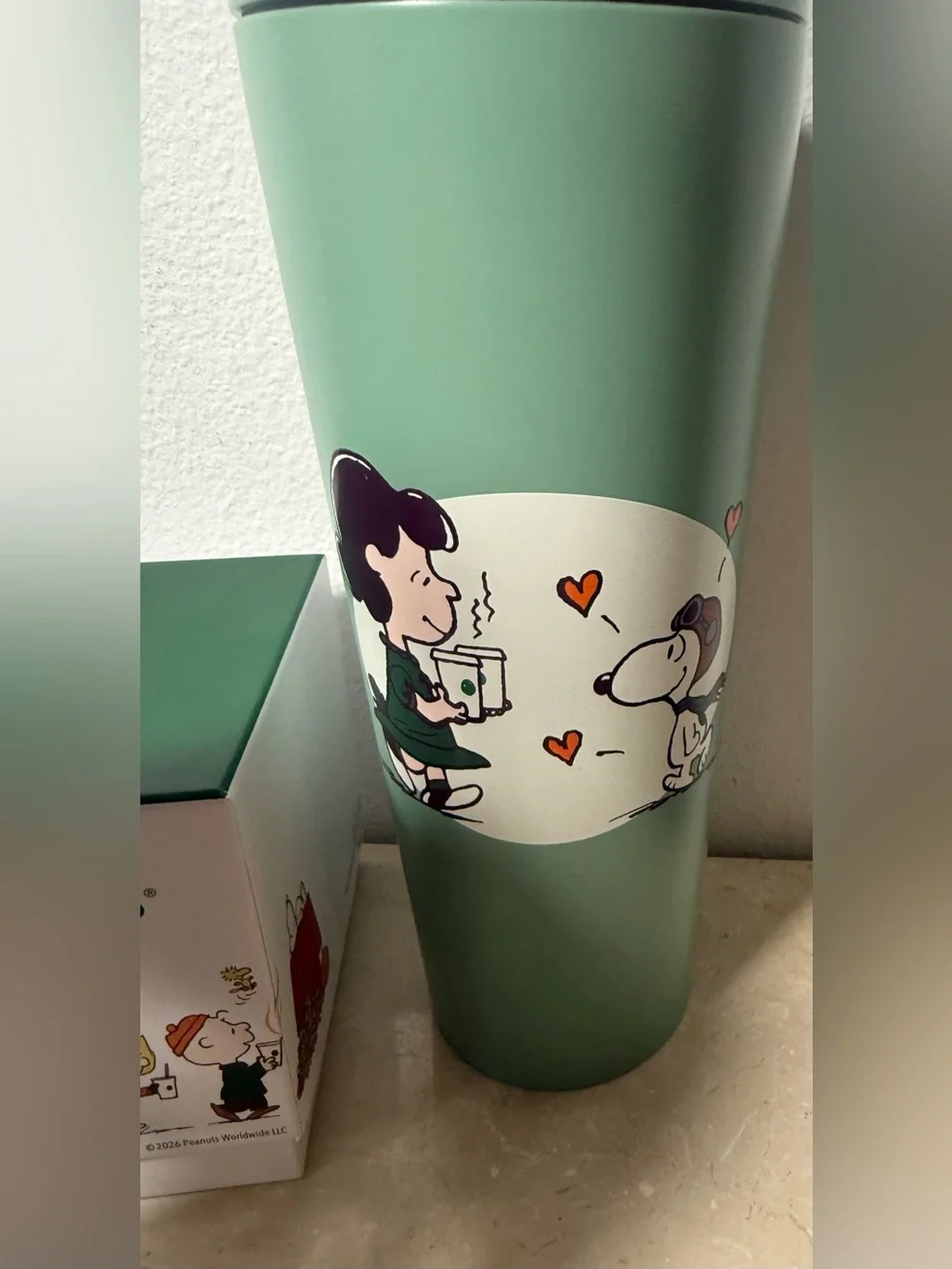(3) Starbucks, Snoopy glass cold cup, stainless steel cold cup, & ceramic mug.